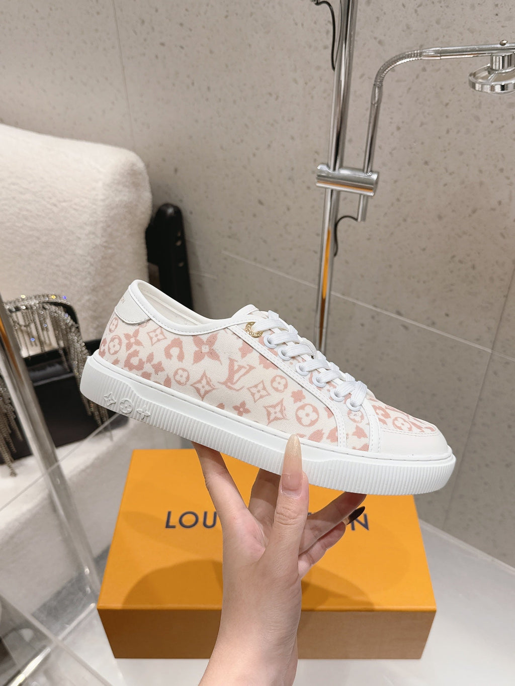 LV 26S LOW TOP SNEAKERS IN PINK MONOGRAM CANVAS AND WHITE CALFSKIN TRIM
