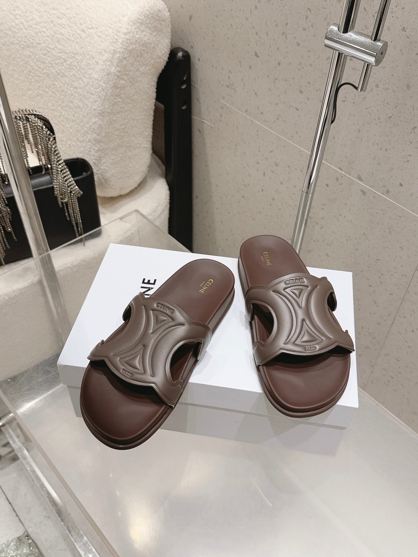 CELINE 26S TRIOMPHE SLIDES IN DARK BROWN CALFSKIN