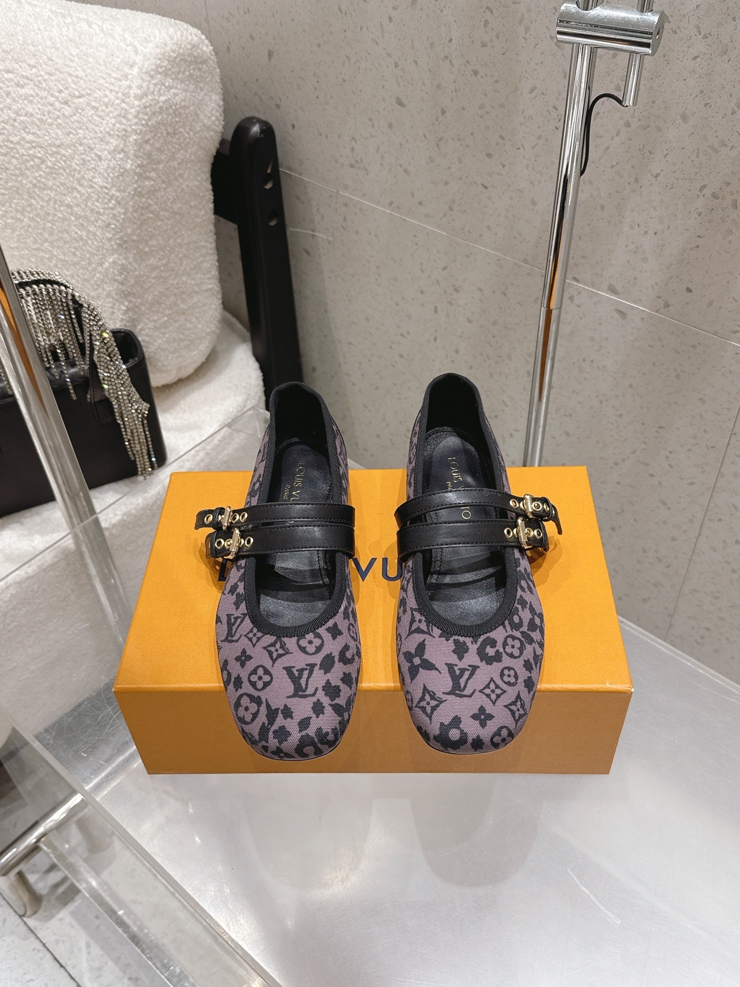 LV 26S MARY JANE FLATS IN BLACK AND PURPLE MONOGRAM CANVAS WITH DOUBLE STRAP