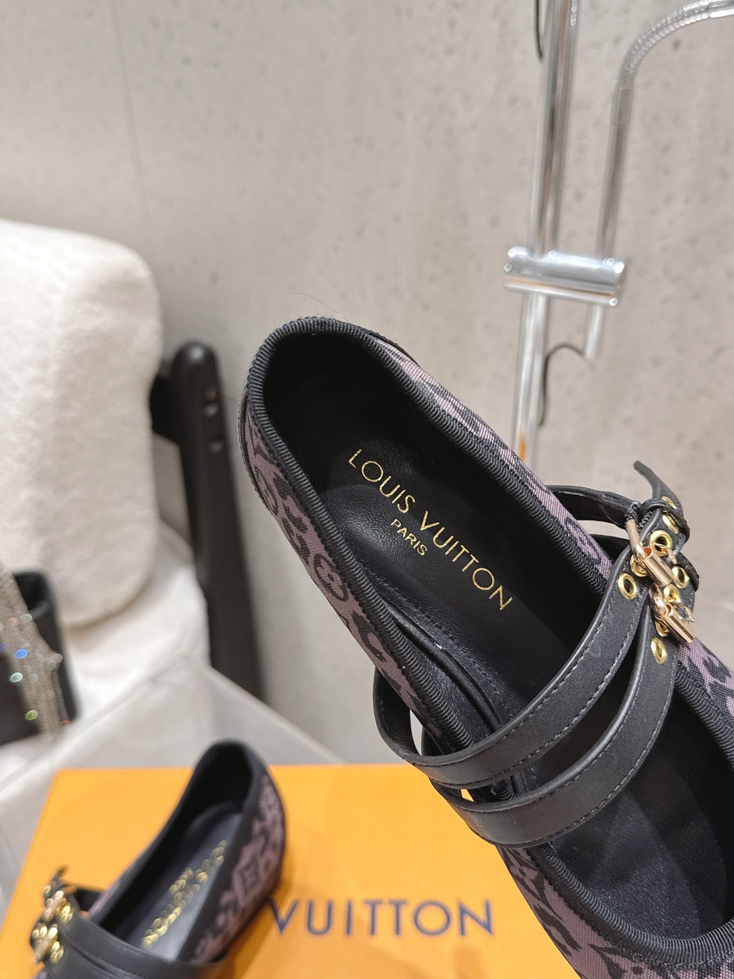 LV 26S MARY JANE FLATS IN BLACK AND PURPLE MONOGRAM CANVAS WITH DOUBLE STRAP