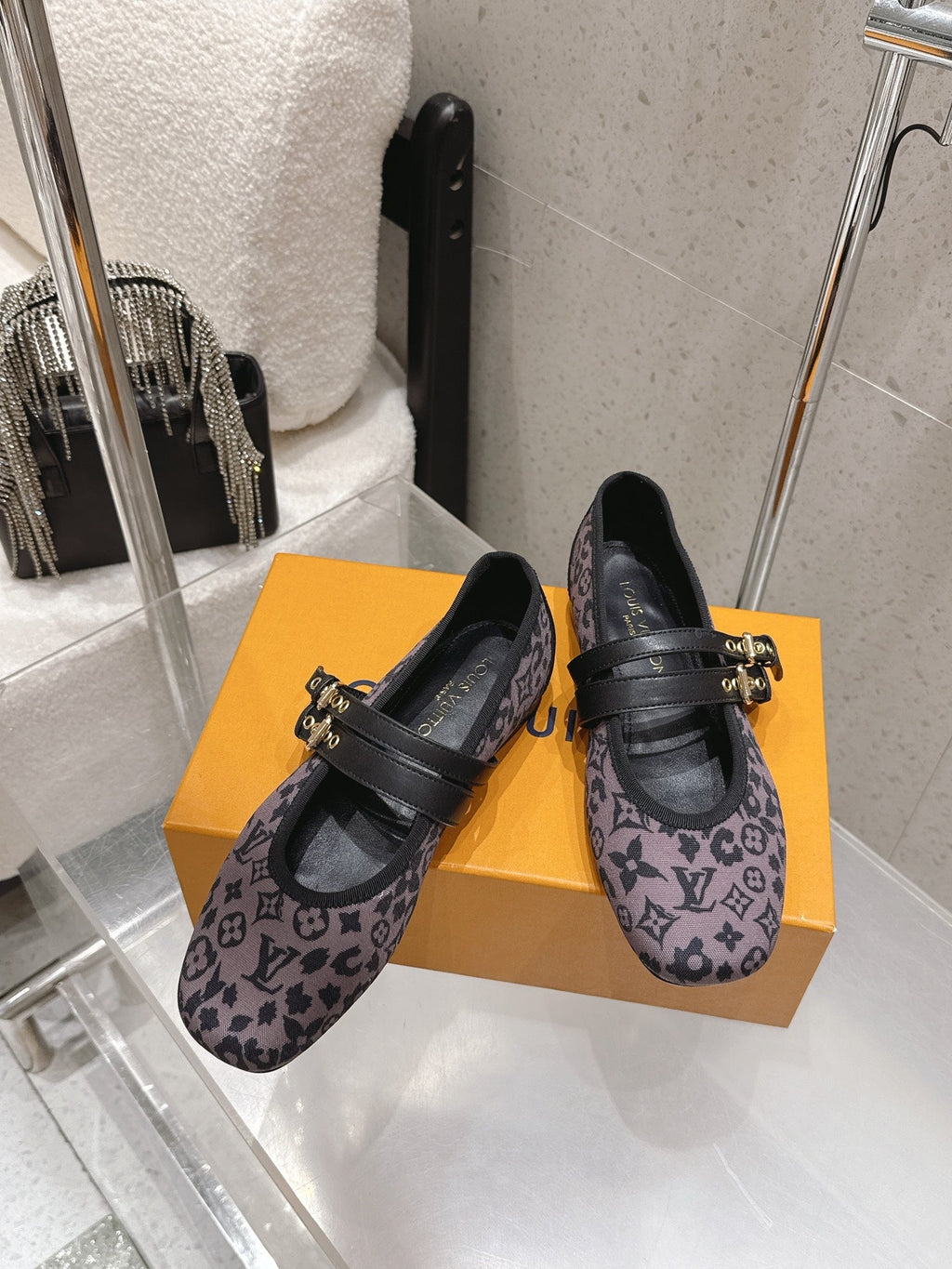 LV 26S MARY JANE FLATS IN BLACK AND PURPLE MONOGRAM CANVAS WITH DOUBLE STRAP