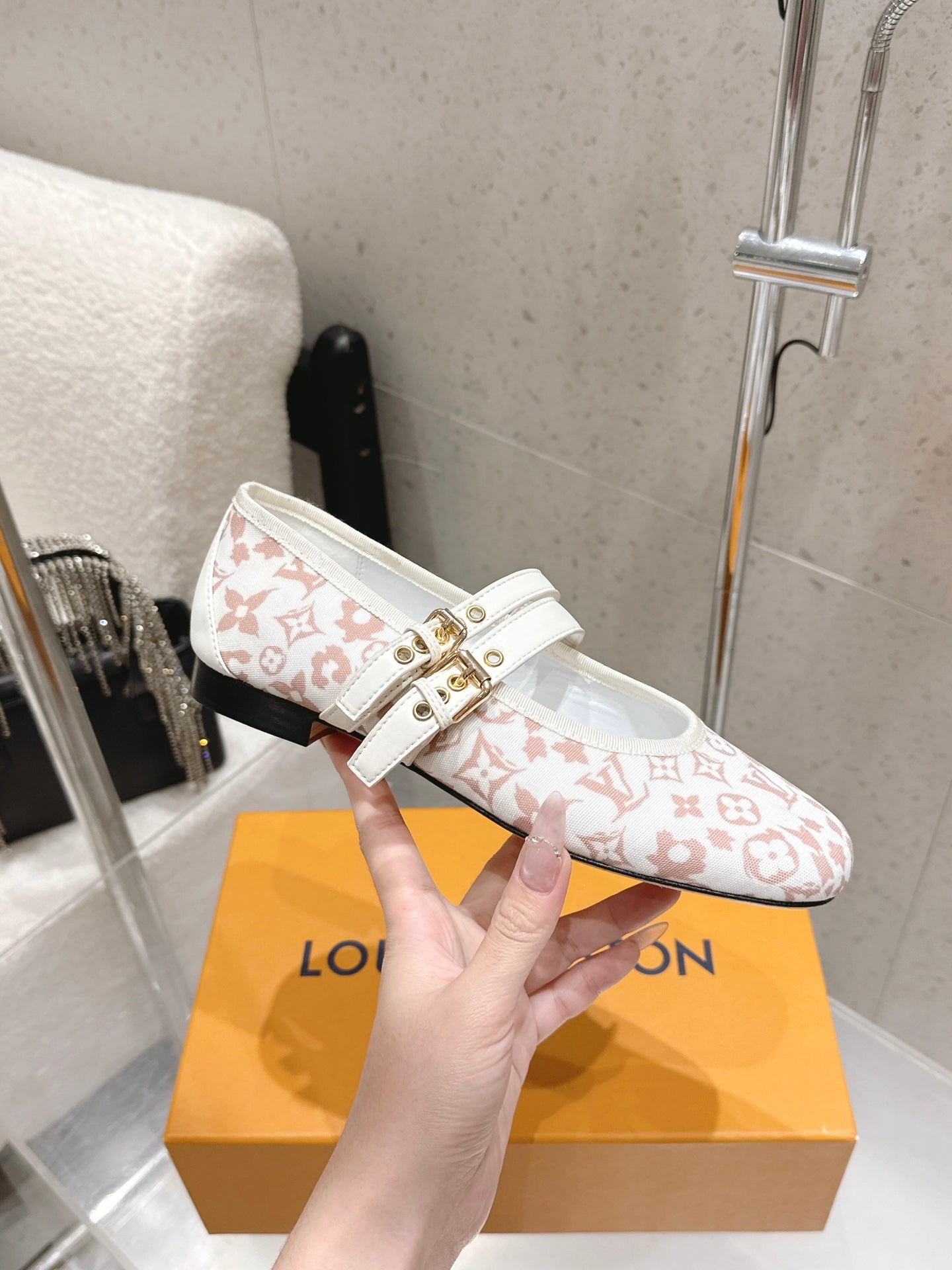 LV 26S MARY JANE FLATS IN WHITE AND PINK MONOGRAM CANVAS WITH DOUBLE STRAP