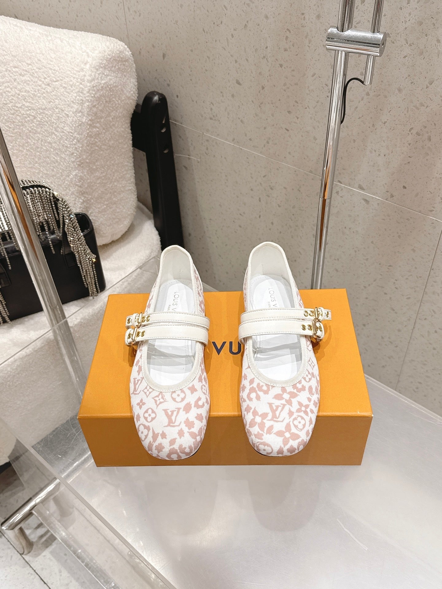 LV 26S MARY JANE FLATS IN WHITE AND PINK MONOGRAM CANVAS WITH DOUBLE STRAP