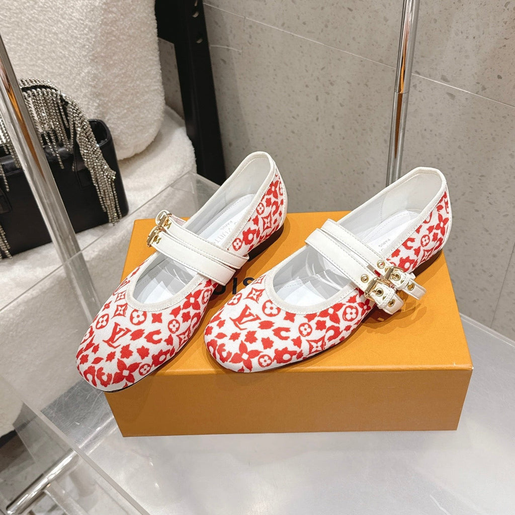 LV 26S MARY JANE FLATS IN WHITE AND RED MONOGRAM CANVAS WITH DOUBLE STRAP