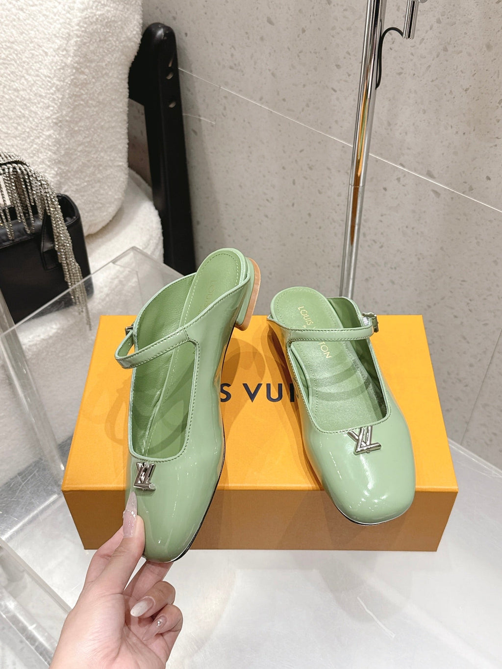 LV 26S FLAT MULES IN MINT GREEN PATENT CALFSKIN