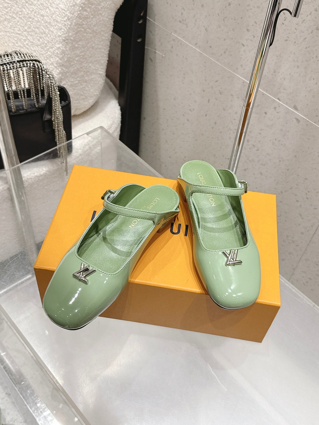 LV 26S FLAT MULES IN MINT GREEN PATENT CALFSKIN
