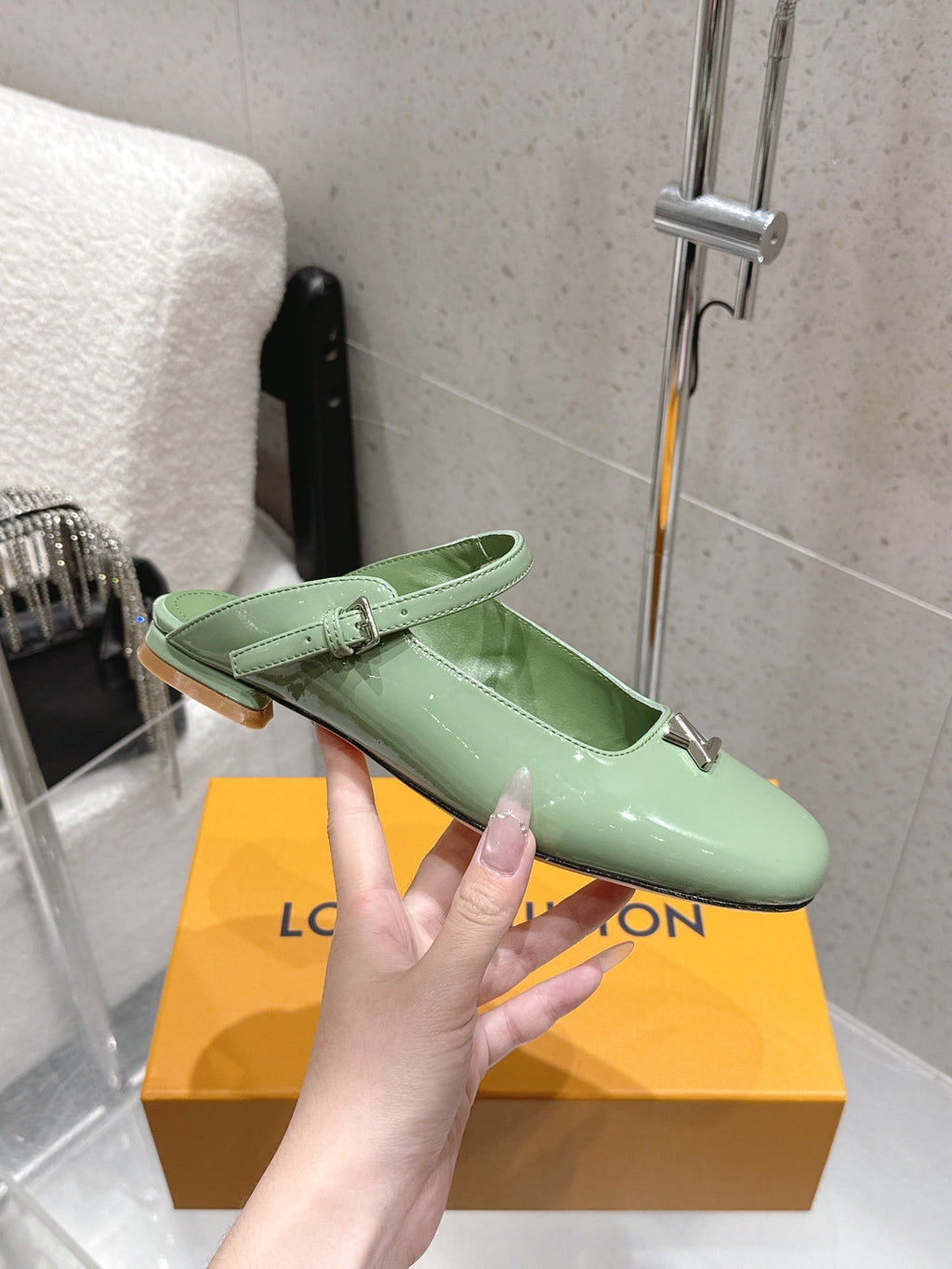 LV 26S FLAT MULES IN MINT GREEN PATENT CALFSKIN