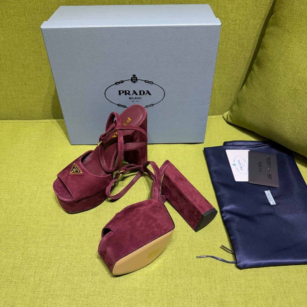 PRADA 25S HIGH-HEEL SANDALS 140 MM IN DEEP WINE RED SUEDE STYLE 3