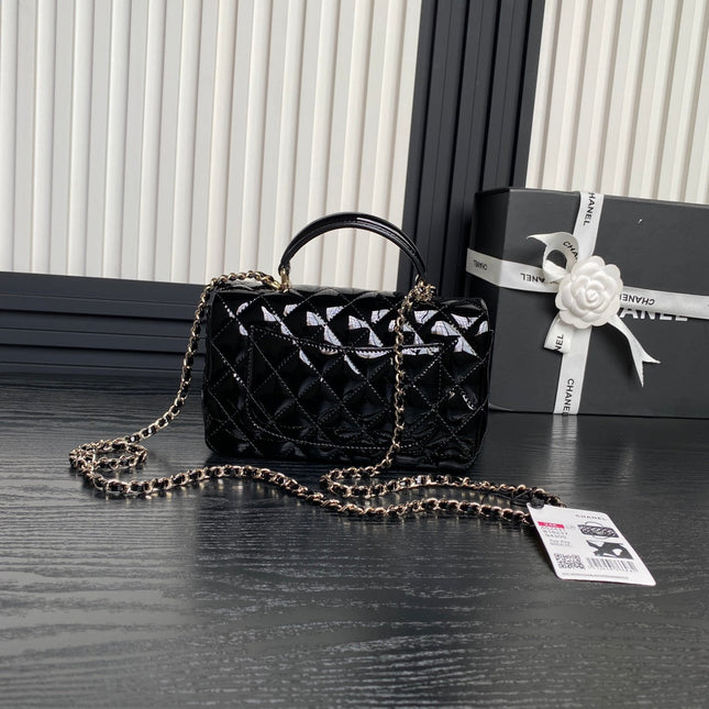 CHANEL 25S MINI FLAP BAG 20 IN BLACK PATENT CALFSKIN GOLD HARDWARE