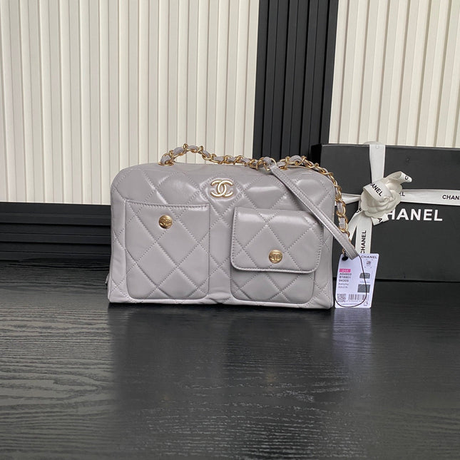 BOWLING BAG 29 IN GREY CALFSKIN GOLD HARDWARE