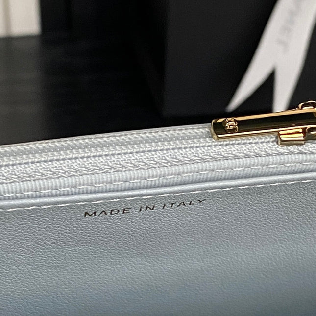 CHANEL 25S CHAIN WALLET 19 IN LIGHT BLUE LAMBSKIN GOLD HARDWARE