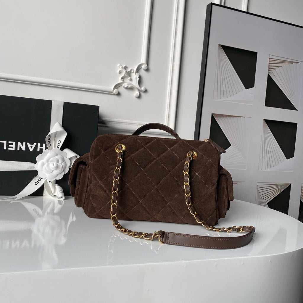 CHANEL 25S BOWLING BAG 24 IN DARK BROWN SUEDE GOLD HARDWARE