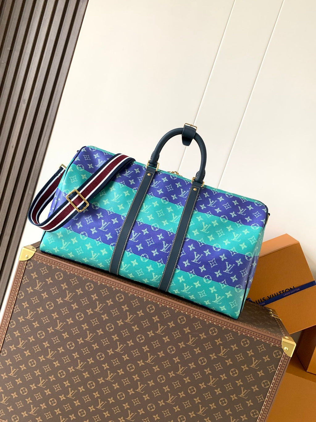 LV 26S KEEPALL 50 IN BLUE WITH LIGHT BLUE ACCENTS COATED CANVAS