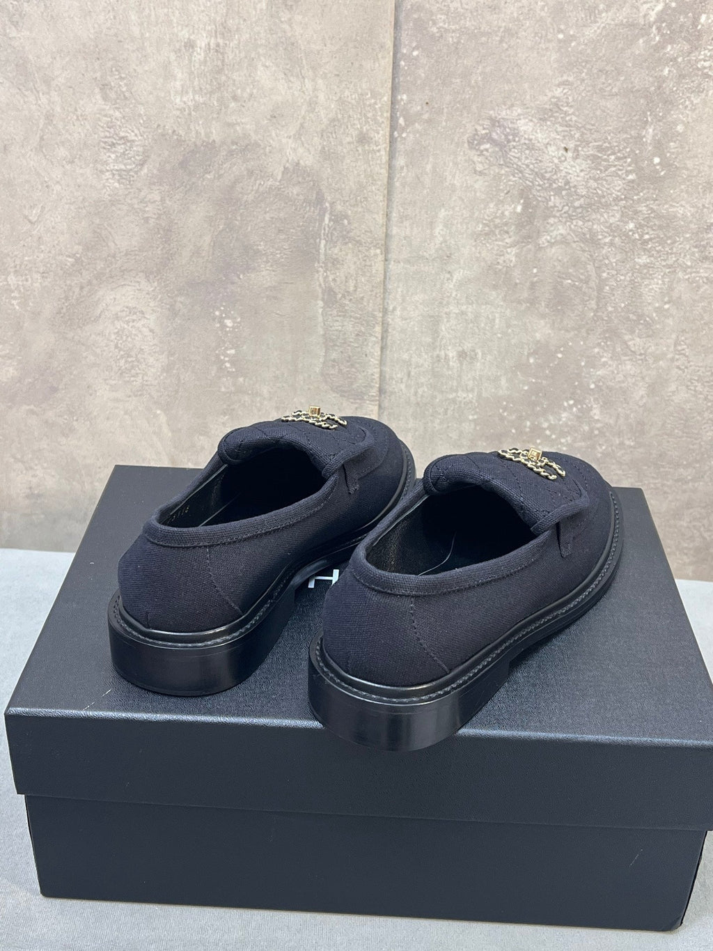 CHANEL 26S LOAFERS IN BLACK CANVAS WITH QUILTED FLAP & CHAIN CC LOGO