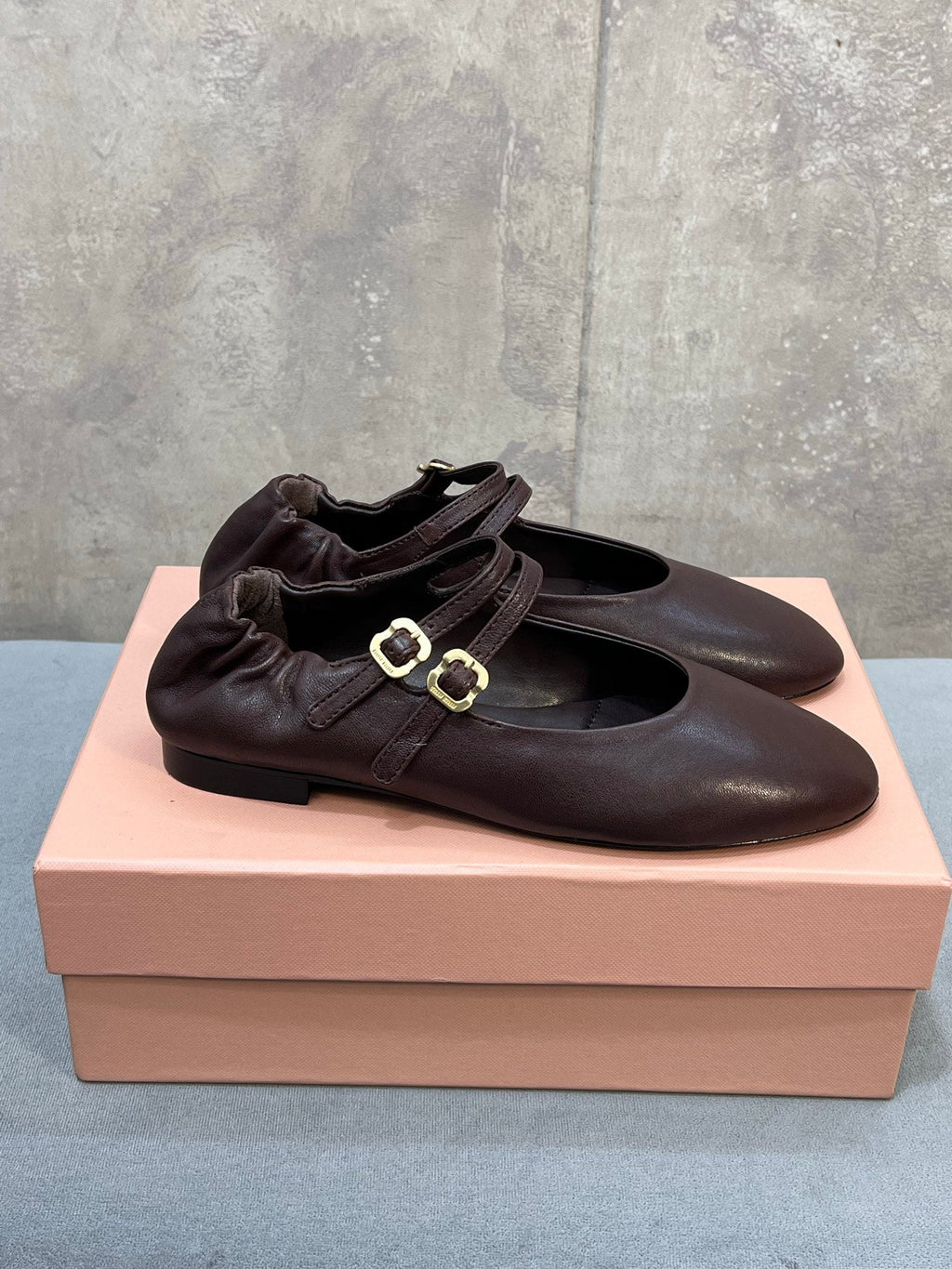 MIUMIU 26S DOUBLE STRAP MARY JANE FLATS IN DARK BROWN SHEEPSKIN