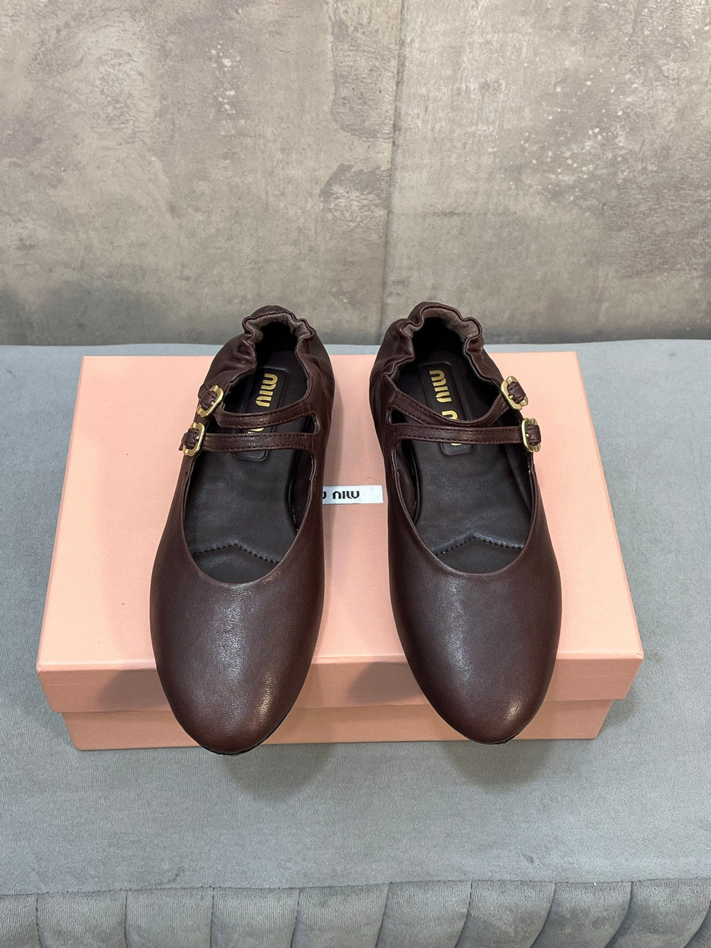 MIUMIU 26S DOUBLE STRAP MARY JANE FLATS IN DARK BROWN SHEEPSKIN