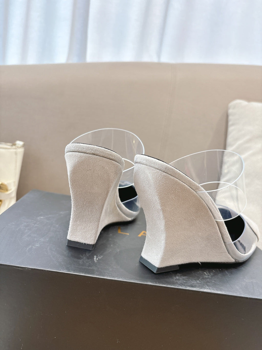 ALAIA 26S HIGH-HEEL WEDGE MULES 95 MM IN OFF WHITE GREY SUEDE