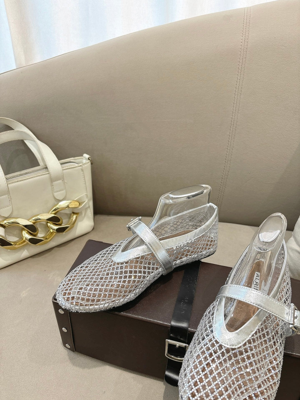 ALAIA 26S MESH FLATS IN SILVER LAMBSKIN