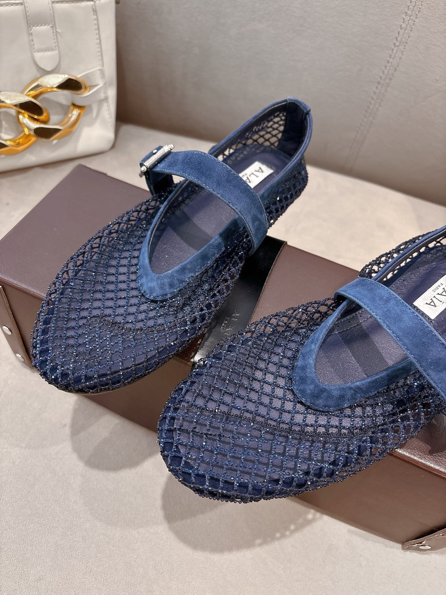 ALAIA 26S MESH FLATS IN NAVY BLUE SUEDE