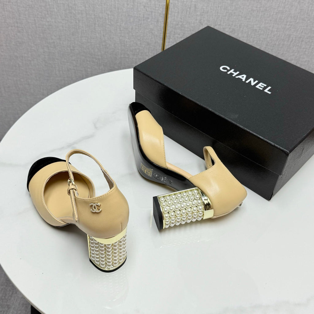 CC MARY JANE HEELS 25S IN BEIGE LAMBSKIN AND SUEDE WITH PEARL HEEL STYLE 3