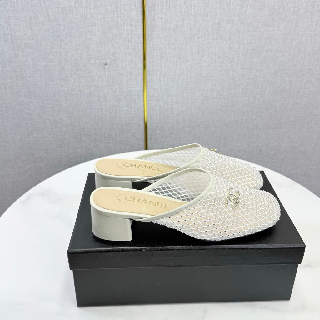 CHANEL 26S MESH HIGH HEEL MULES IN WHITE LAMBSKIN