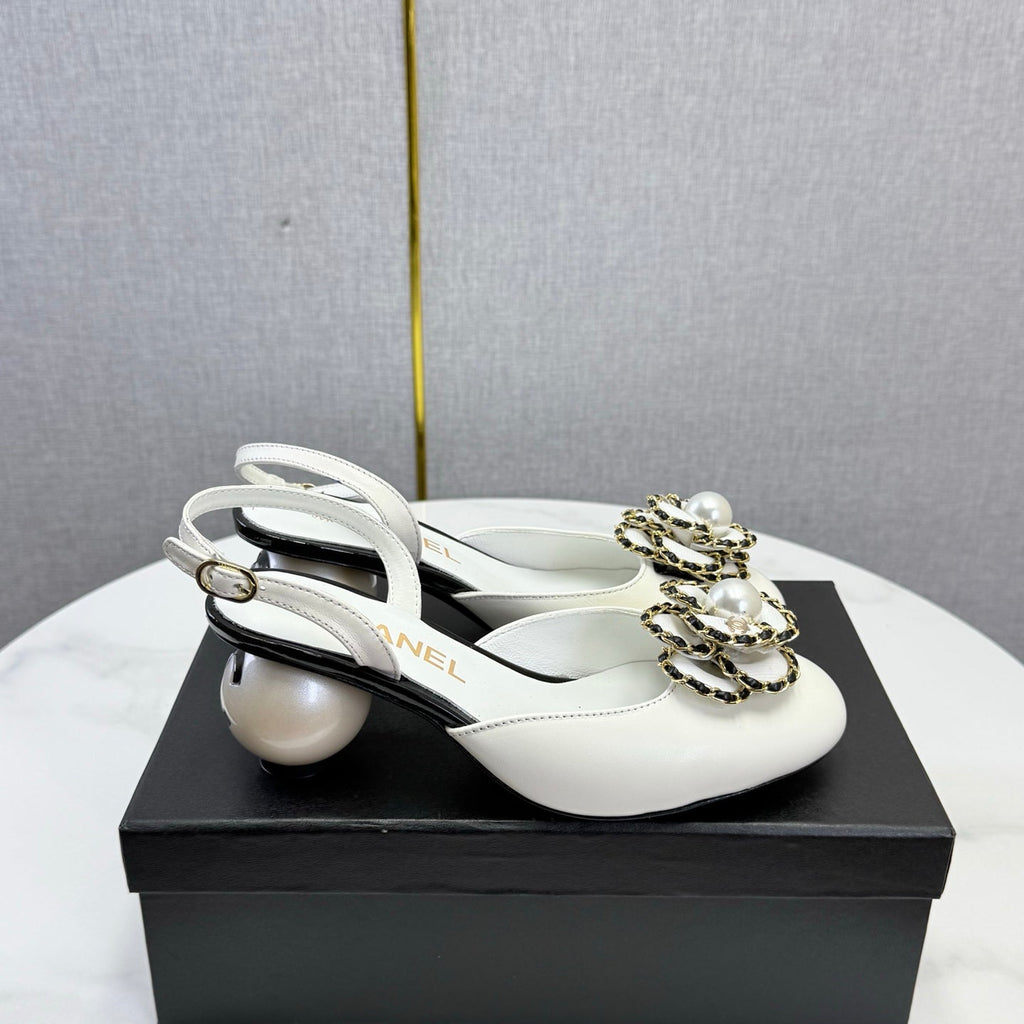 CHANEL 26S CAMELLIA PEARL SLINGBACKS IN WHITE CALFSKIN