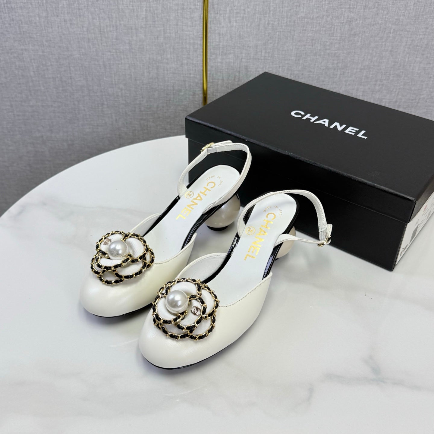 CHANEL 26S CAMELLIA PEARL SLINGBACKS IN WHITE CALFSKIN