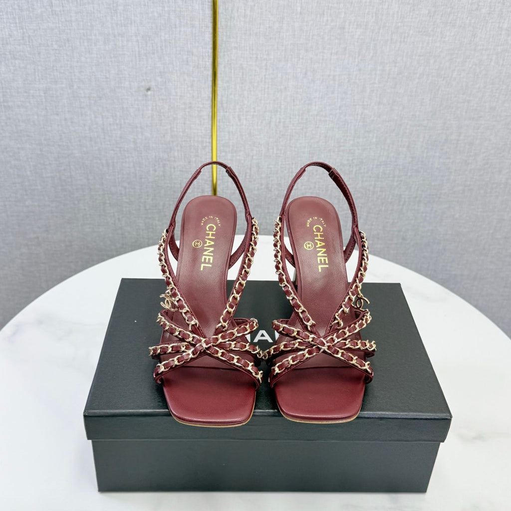 CHANEL 26S CHAIN STRAP HIGH HEELS 80 MM IN DARK RED LAMBSKIN