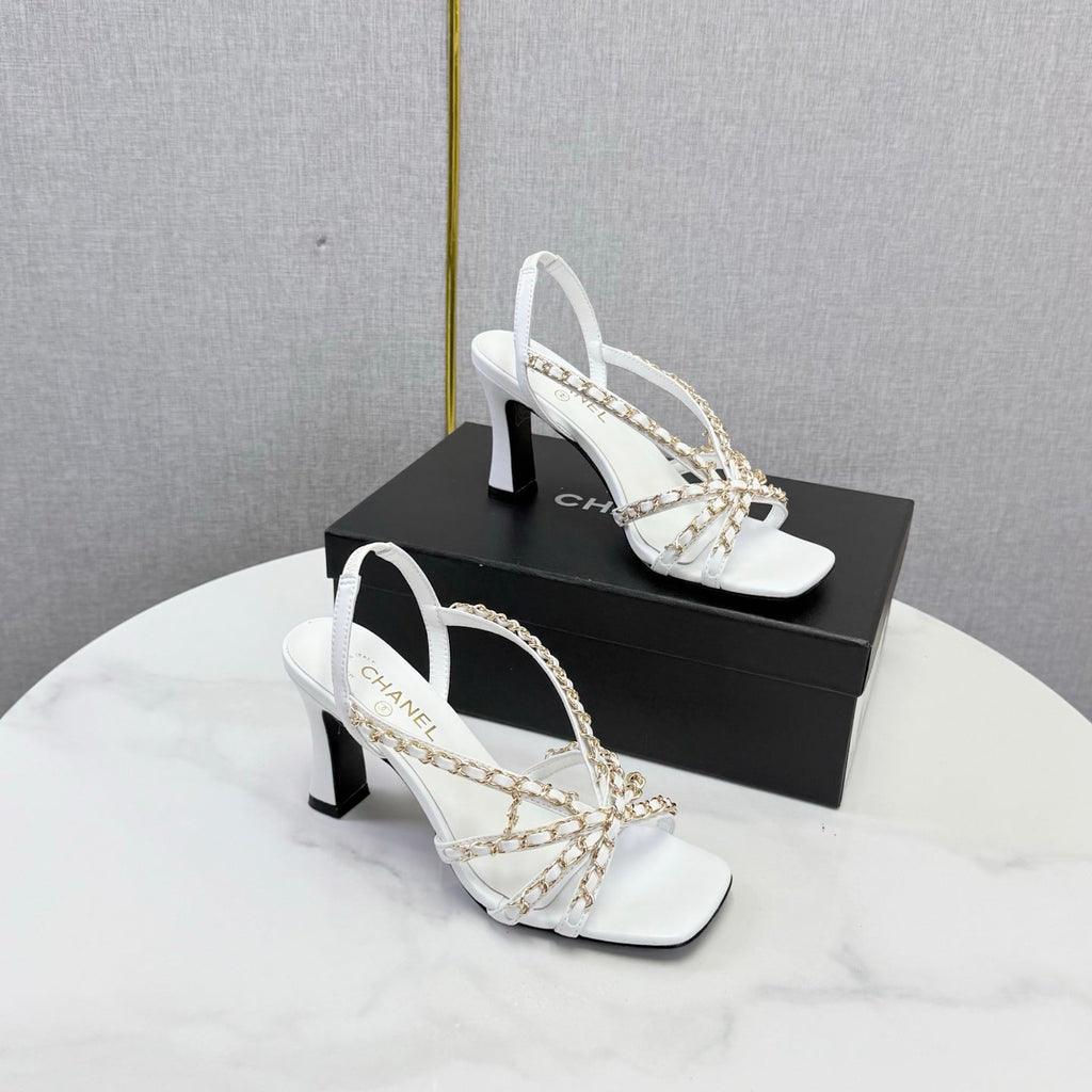 CHANEL 26S CHAIN STRAP HIGH HEELS 65 MM IN WHITE LAMBSKIN