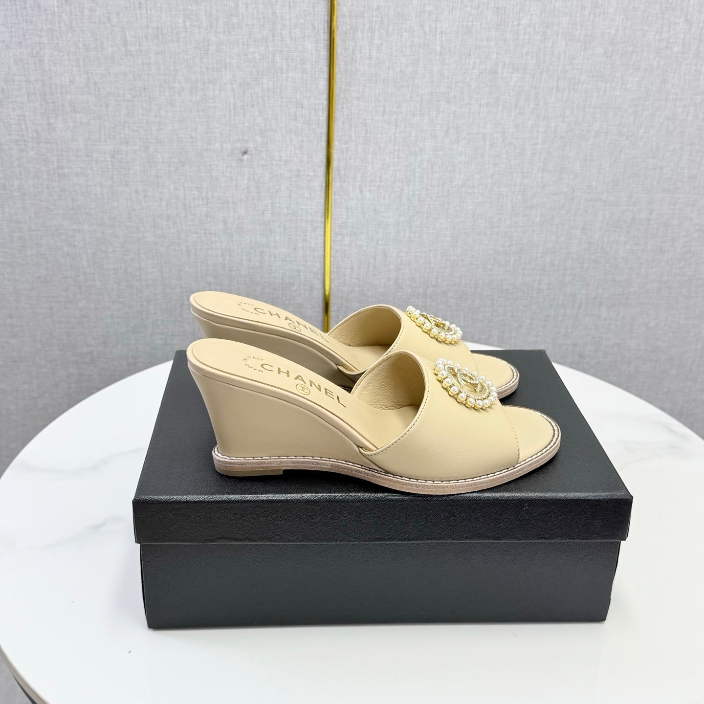 CHANEL 26S WEDGE HEELS IN BEIGE LAMBSKIN WITH CC PEARL EMBELLISHED
