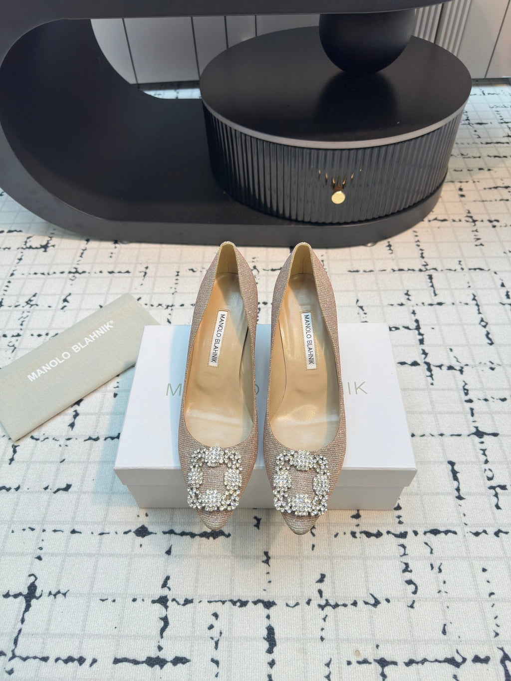 Hangisi 70 Beige Glitter Fabric Leather Jewel Buckle Pumps 912611