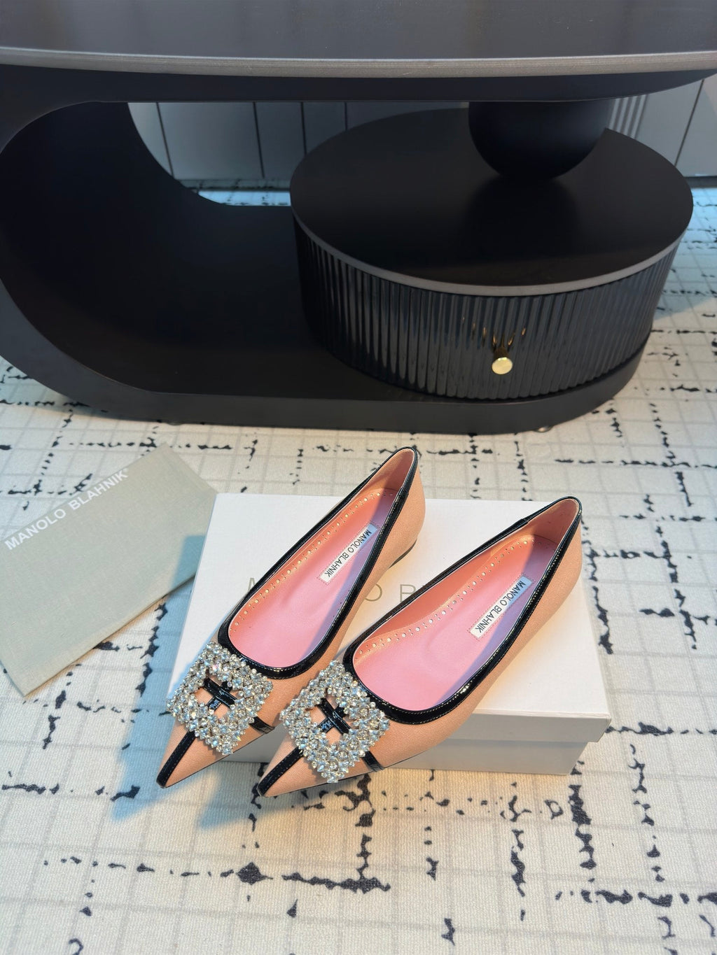 Hangisi 10mm Ballet Flat Pink Linen with Black Leather Jewel Buckle 161060