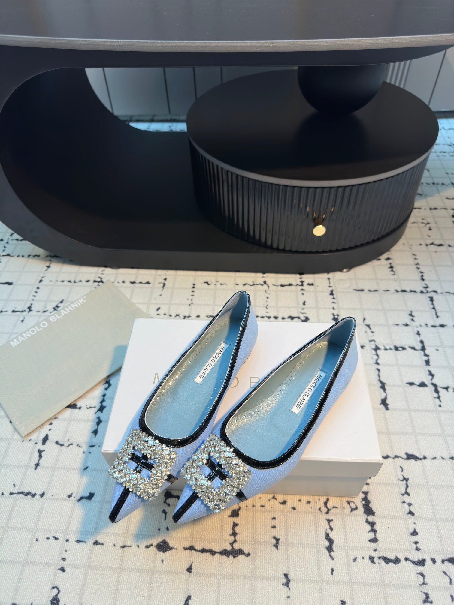 MANOLO BLAHNIK HANGISI FLAT BALLERINA SHOES IN BLUE WITH CRYSTAL BUCKLE