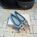 MANOLO BLAHNIK HANGISI FLAT BALLERINA SHOES IN BLUE WITH CRYSTAL BUCKLE