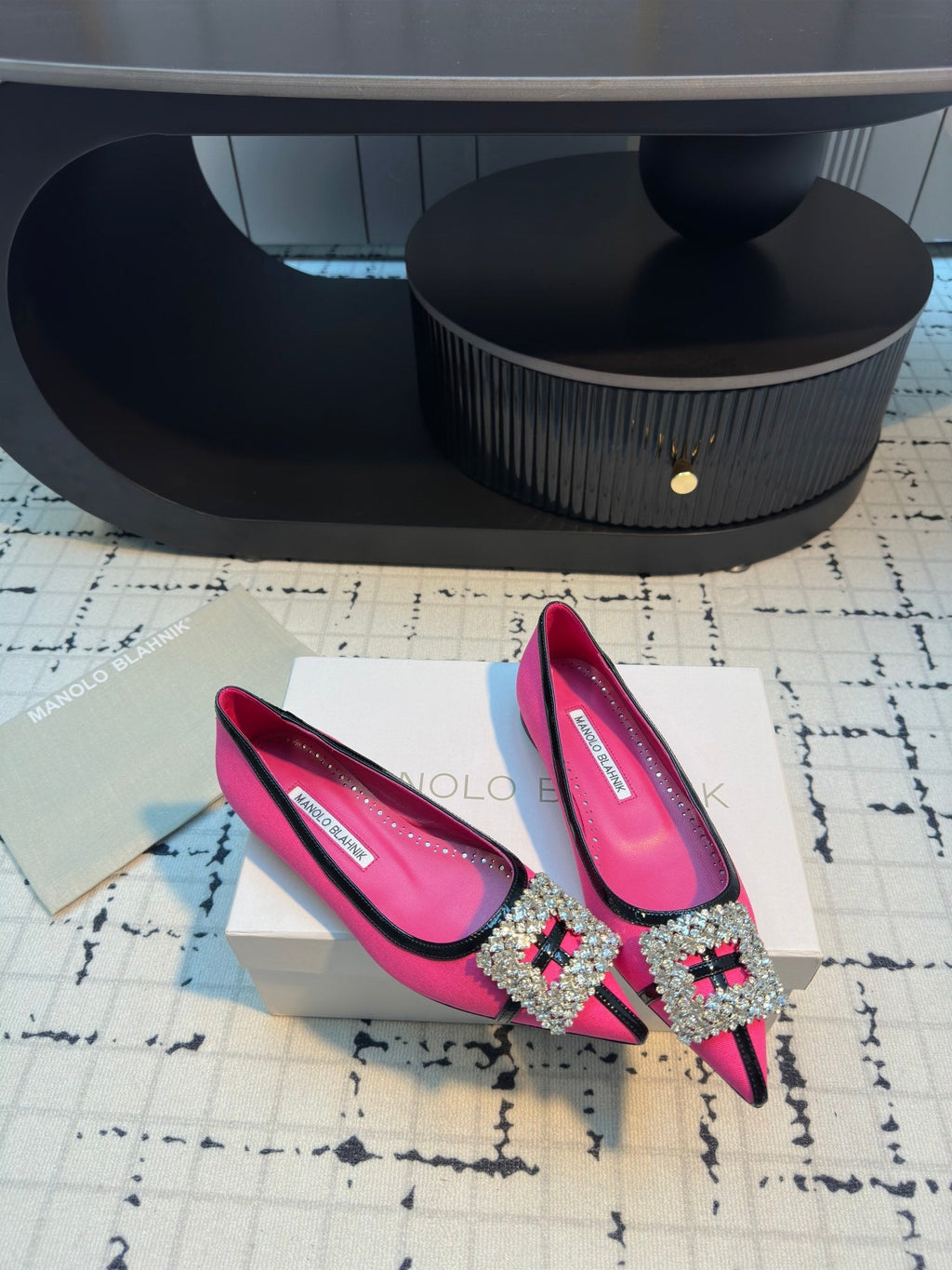 Hangisi 10mm Ballet Flat Dark Pink Linen with Black Leather Jewel Buckle 161065