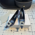 Hangisi 100 Dark Blue Linen with Black Leather Jewel Buckle Pumps 161070