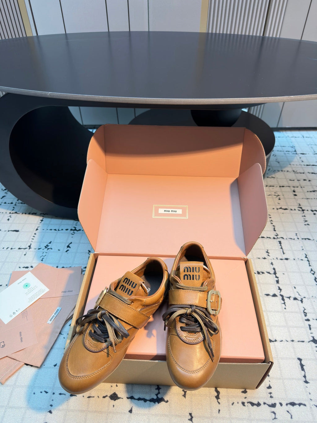 MIUMIU 26S LACE UP SNEAKERS IN BROWN CALFSKIN BUCKLE STRAP DETAIL