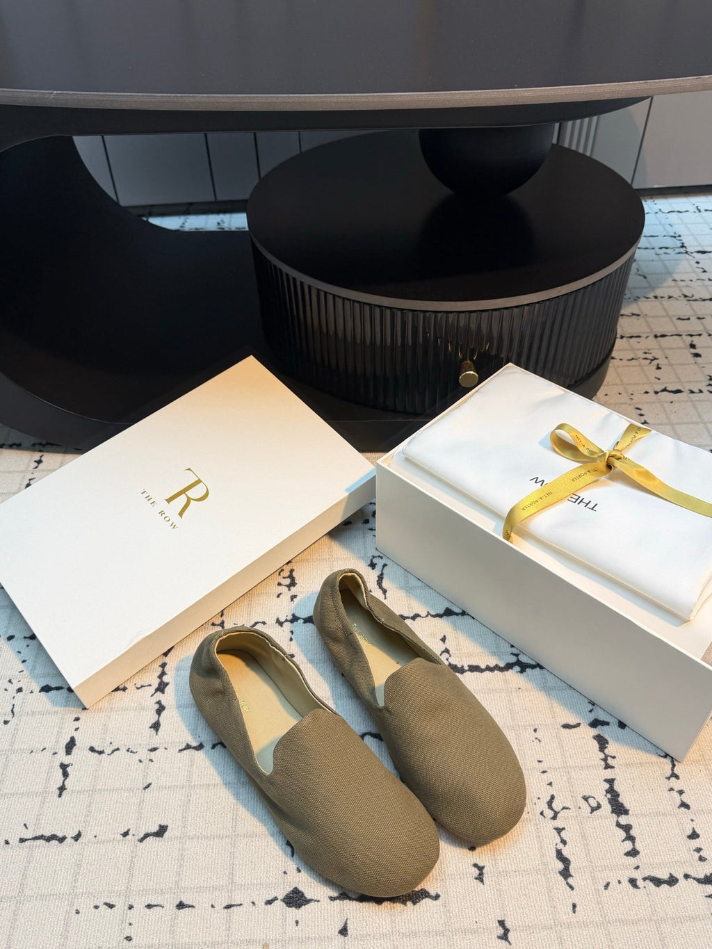 THE ROW 26S LOAFERS IN OLIVE GREEN CANVAS