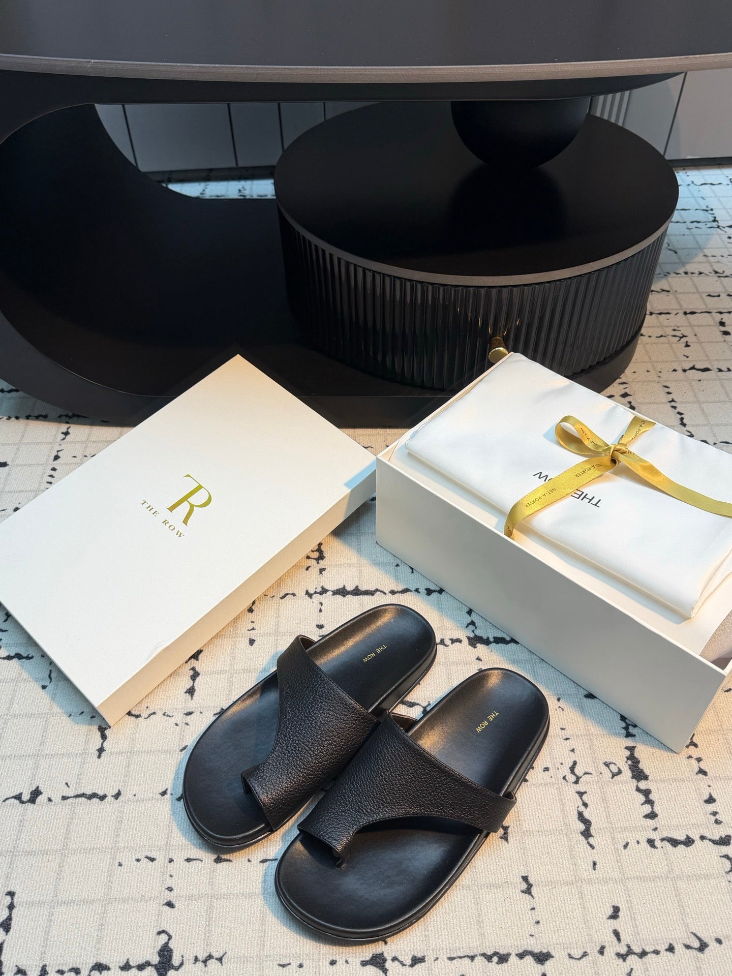 THE ROW 26S THONG SLIDE SANDALS IN BLACK CALFSKIN