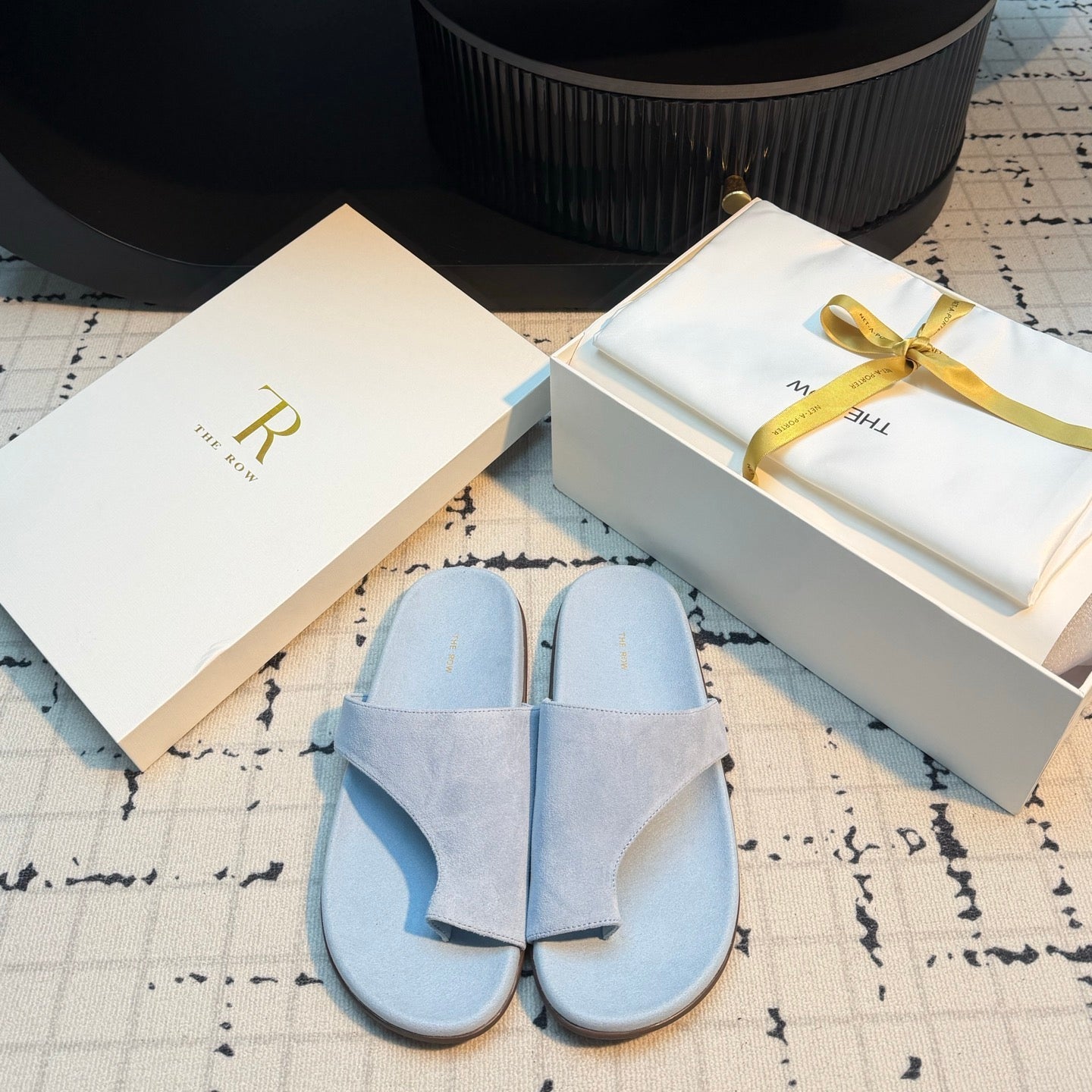 THE ROW 26S THONG SLIDE SANDALS IN POWDER BLUE SUEDE