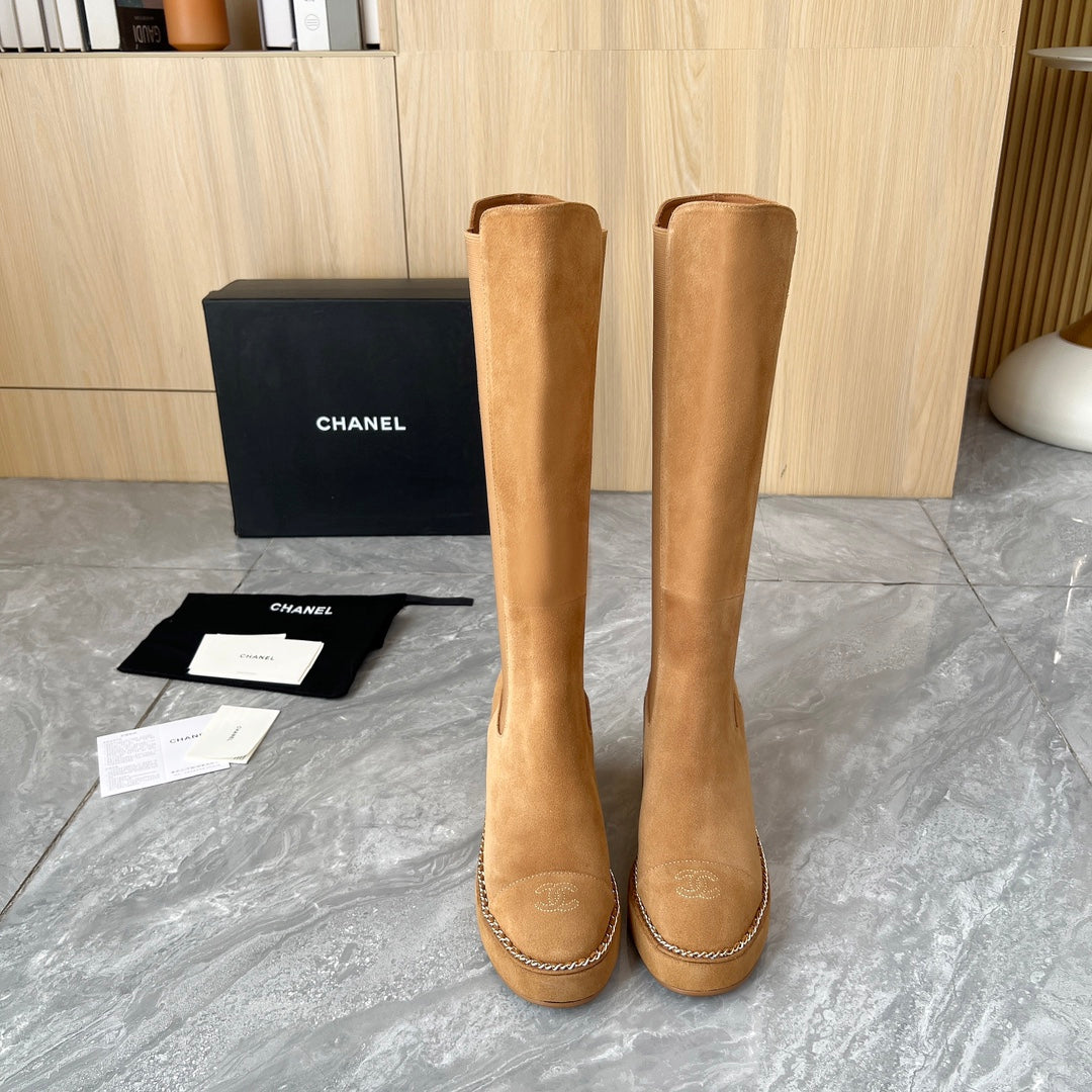 CHANEL HIGH BOOTS 8.5CM IN CARAMEL BROWN SUEDE