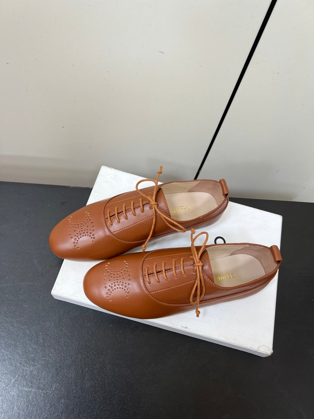 CELINE 26S MINIMAL LACE-UP SHOES IN BROWN CALFSKIN