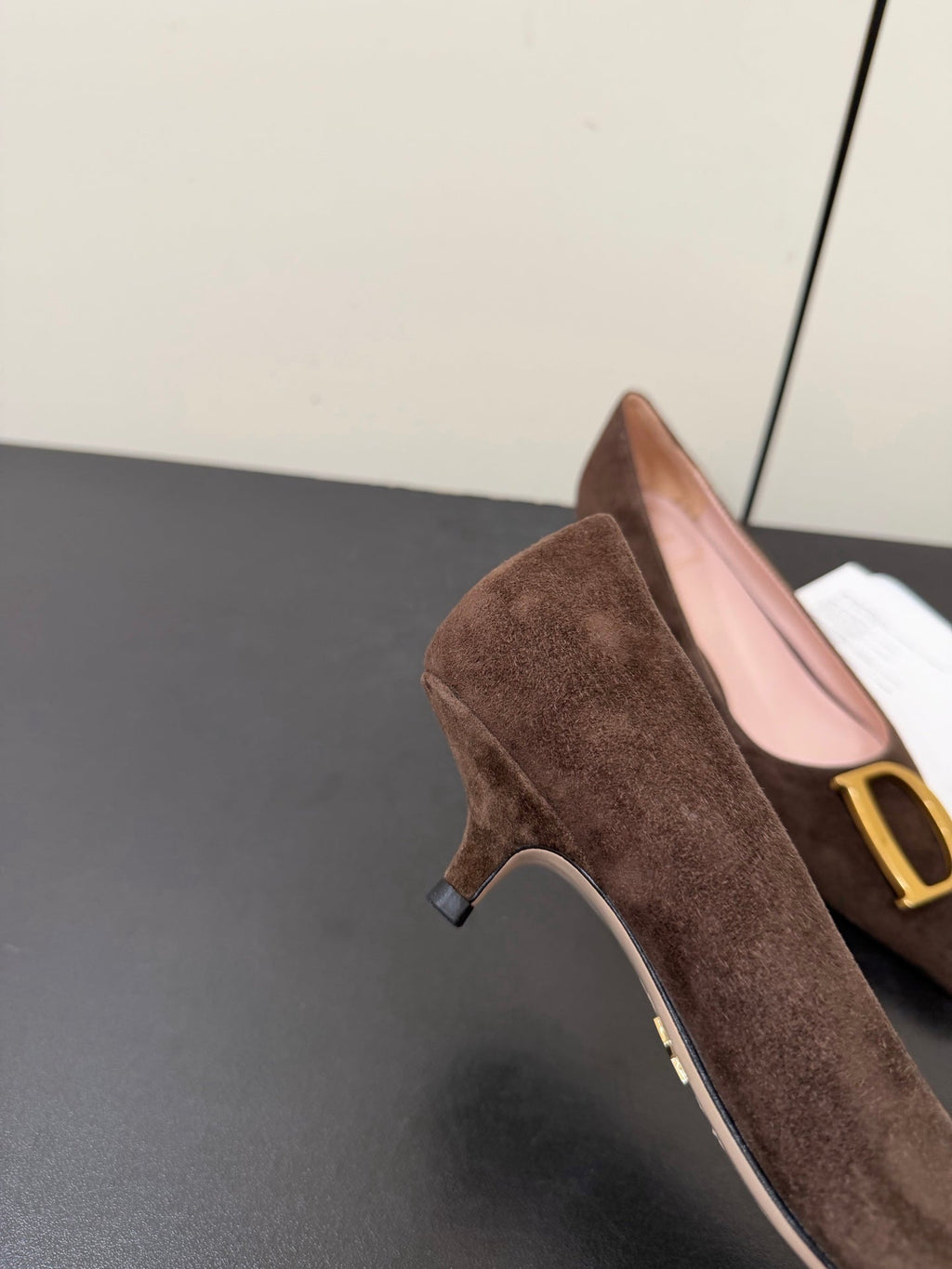 DIOR 26S POINTED-TOE HIGH HEELS 35MM IN DARK BROWN SUEDE GOLD HARDWARE