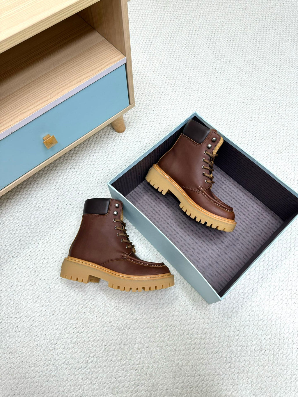 PRADA 25S LACE-UP ANKLE BOOTS IN DARK BROWN CALFSKIN