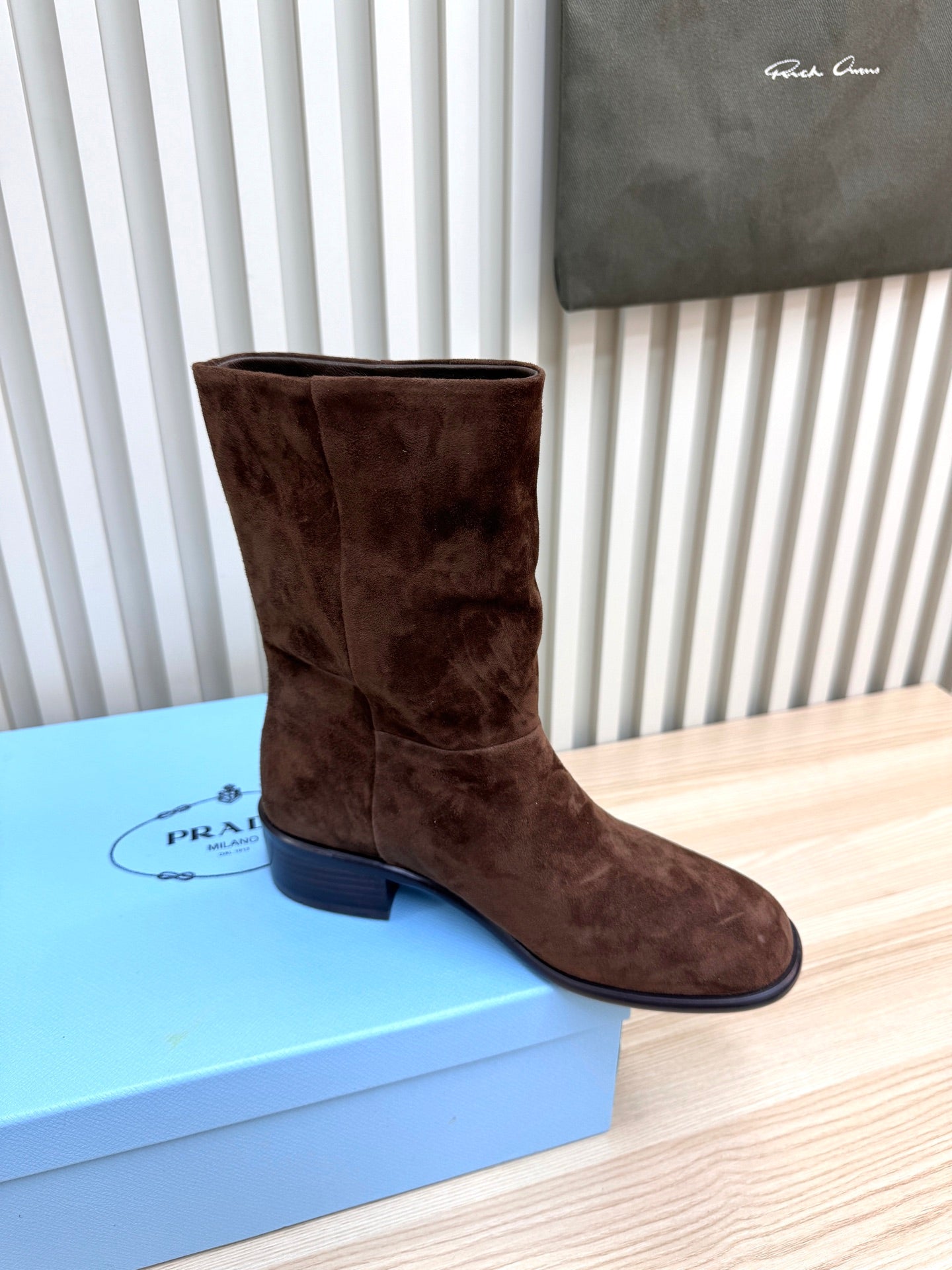 PRADA 25S LOW-CUT BOOTS IN DARK BROWN SUEDE