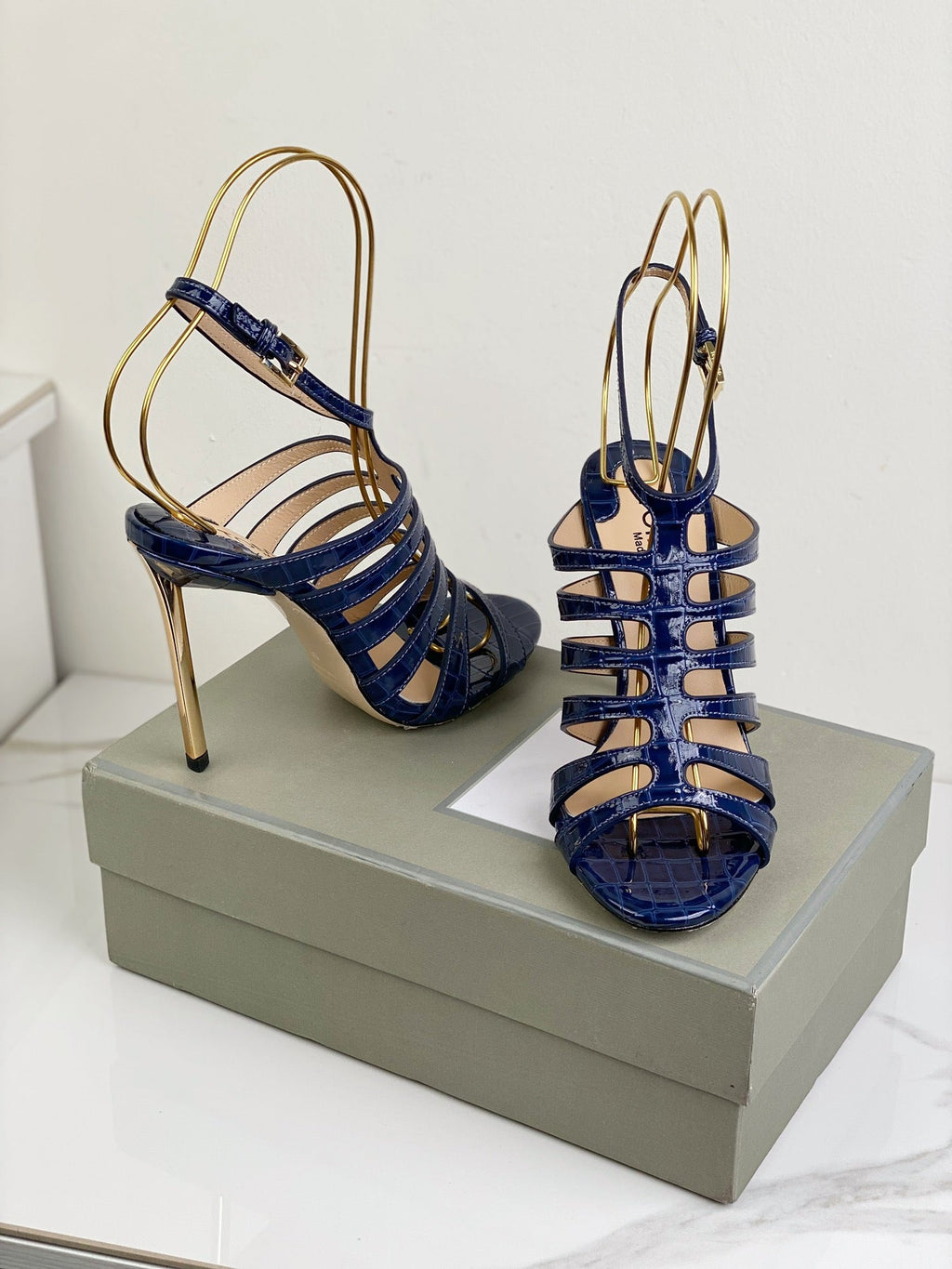 HIGH SANDAL 10 CM IN NAVY BLUE CALFSKIN