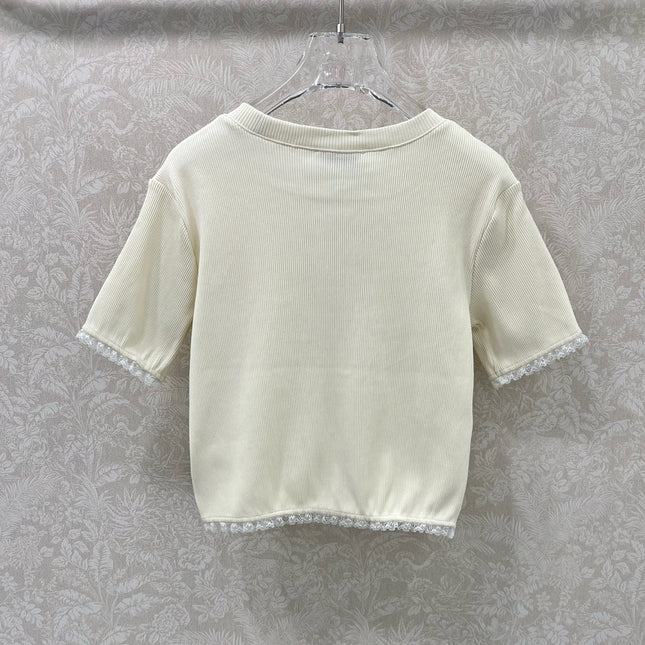 MIUMIU TEXTURED SHORT-SLEEVE LACE TOP 275100
