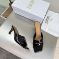 DIOR 26S KITTEN HEEL MULE SANDALS IN BLACK PATENT CALFSKIN WITH LOGO