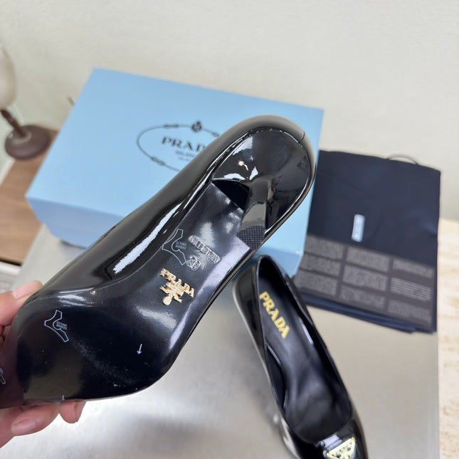 PRADA 26S POINTED TOE PUMPS 75MM IN BLACK PATENT CALFSKIN
