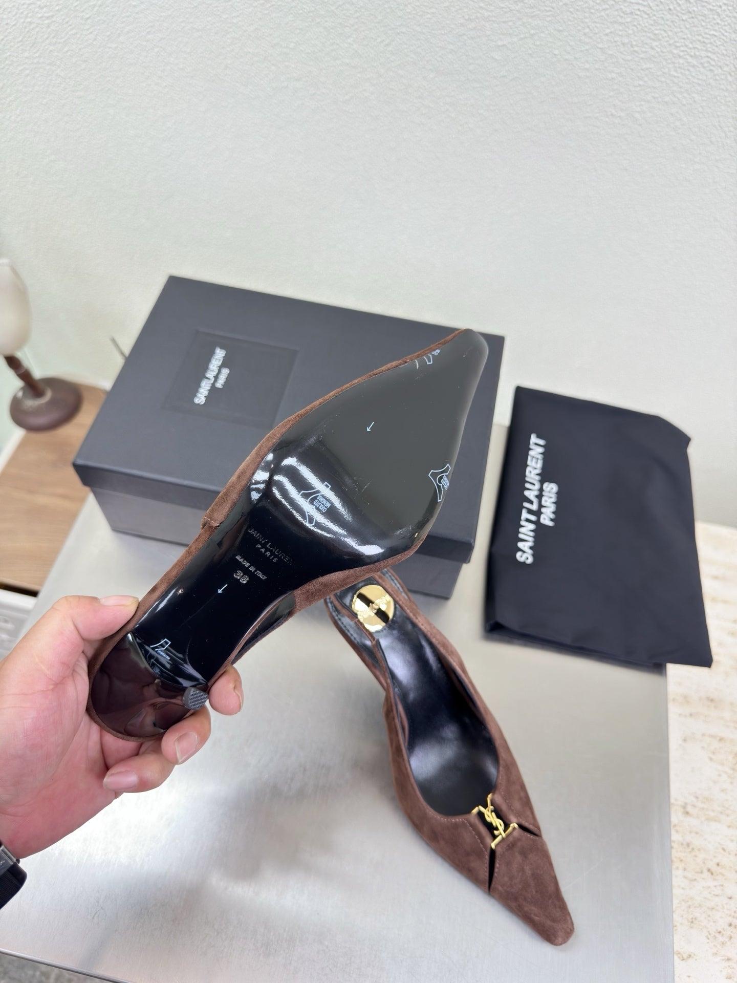 YSL 26S SLINGBACK HIGH HEELS 105 MM IN DARK BROWN SUEDE